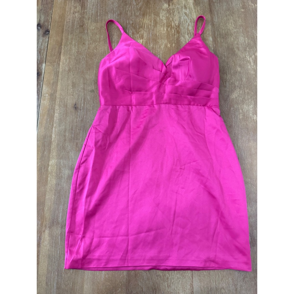 DO+BE Hot Pink Satin Mini Dress V-Neck Pleated Party Cocktail GY1307 Size M